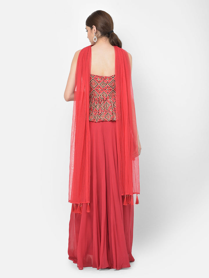 Neerus Red georgette embellished kurta set with palazzo and dupatta - detail view 10