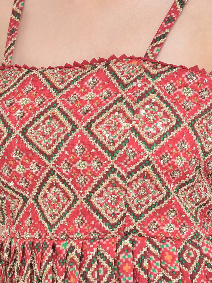 Neerus Red georgette embellished kurta set with palazzo and dupatta - detail view 5