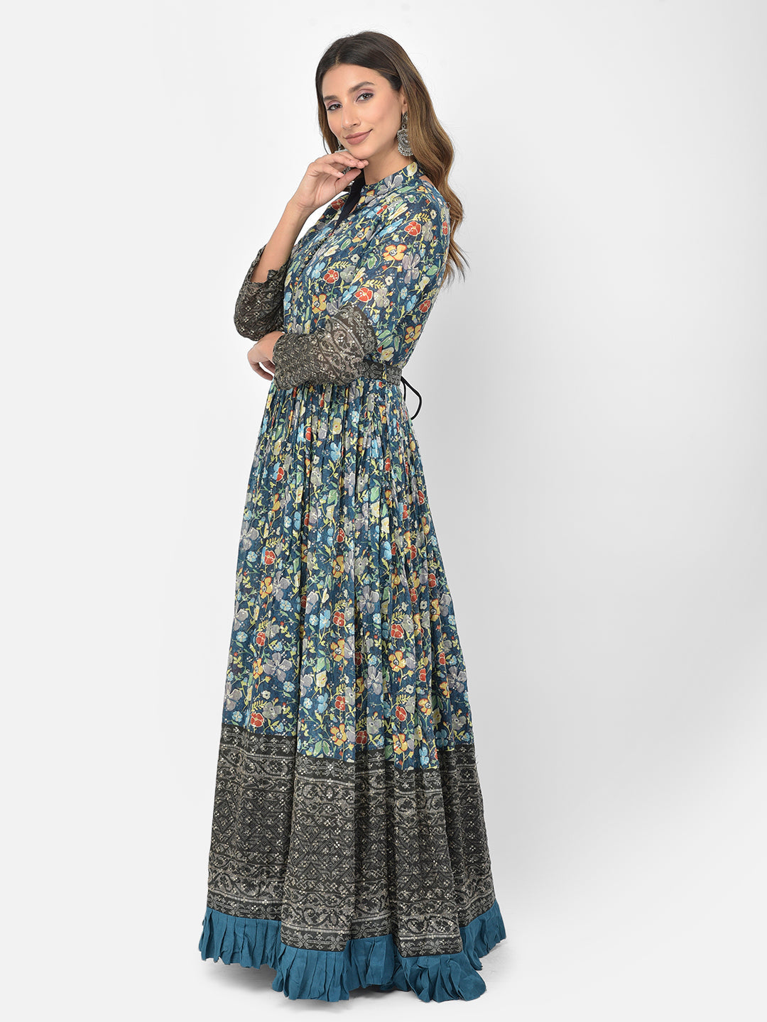 Neerus Blue Georgette Embroidered Gown - front view