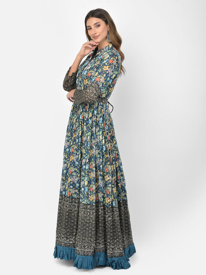 Neerus Blue Georgette Embroidered Gown - front view