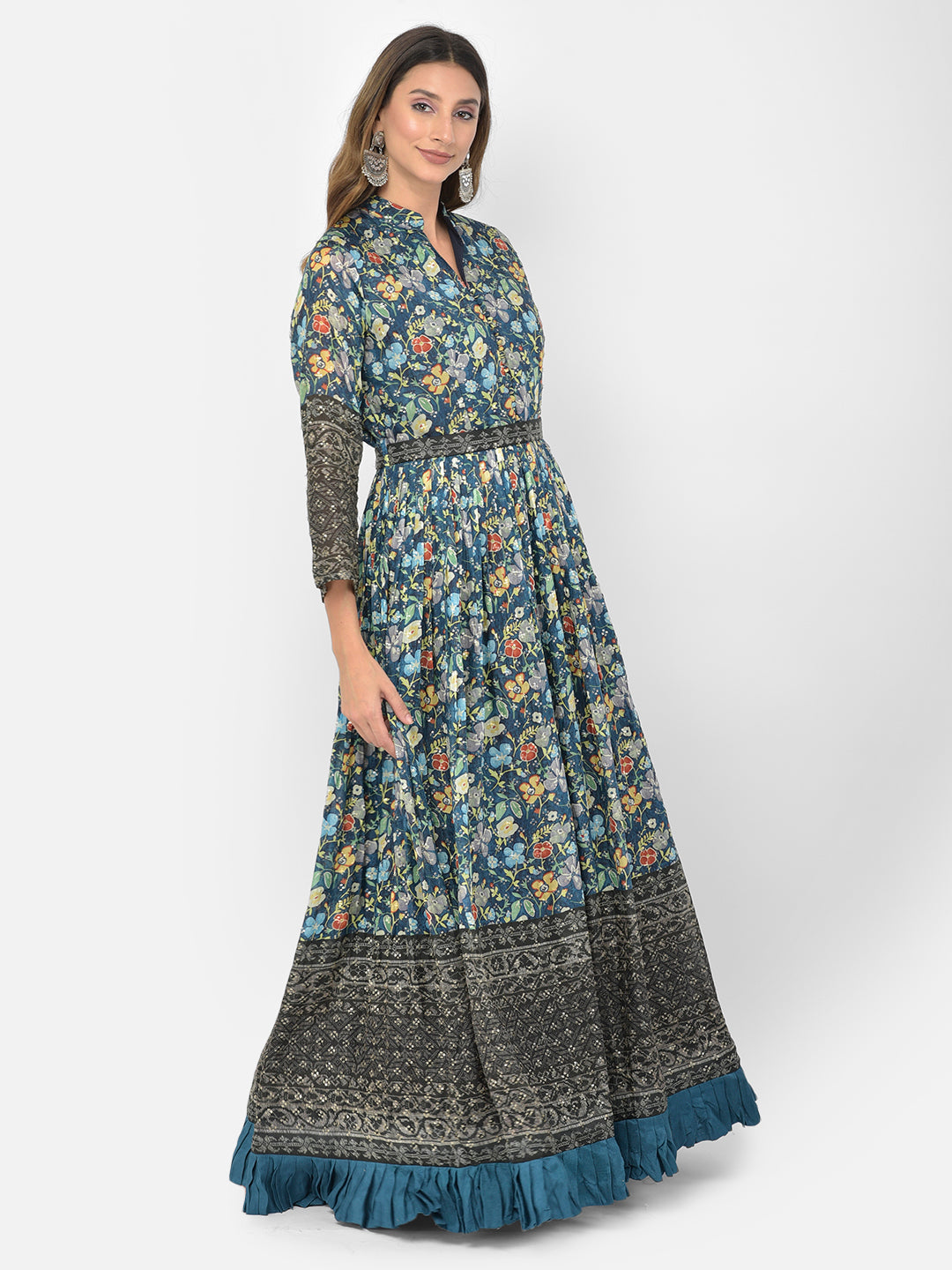 Neerus Blue Georgette Embroidered Gown - back view