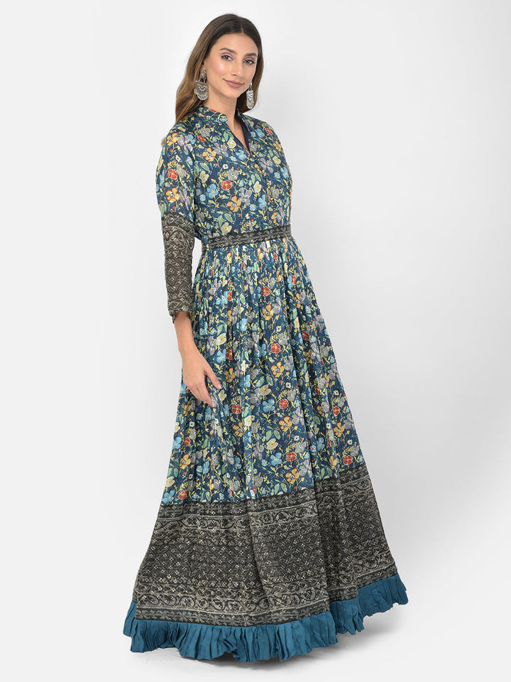 Neerus Blue Georgette Embroidered Gown - back view