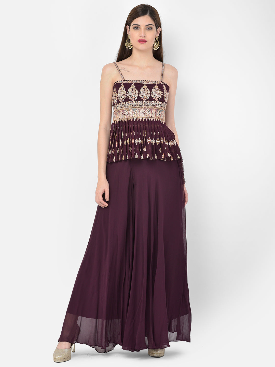Neerus Maroon georgette embellished kurta set - detail view 5