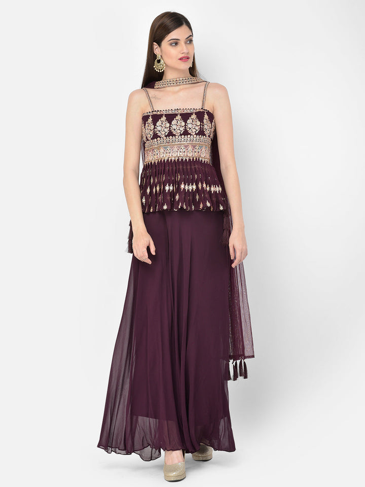 Neerus Maroon georgette embellished kurta set - front view
