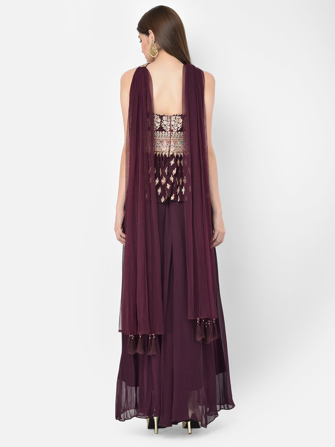 Neerus Maroon georgette embellished kurta set - detail view 1
