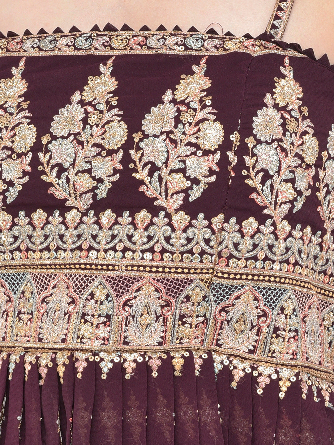 Neerus Maroon georgette embellished kurta set - detail view 2