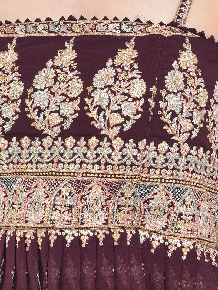 Neerus Maroon georgette embellished kurta set - detail view 2