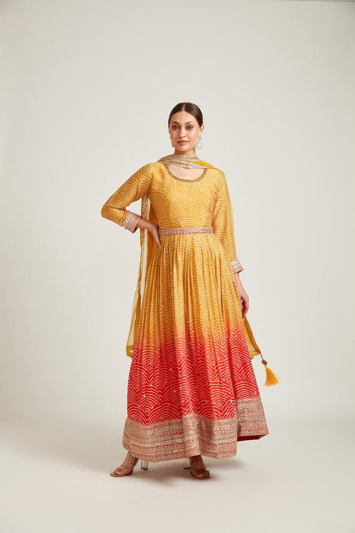 Neerus Yellow georgette maxi gown - front view