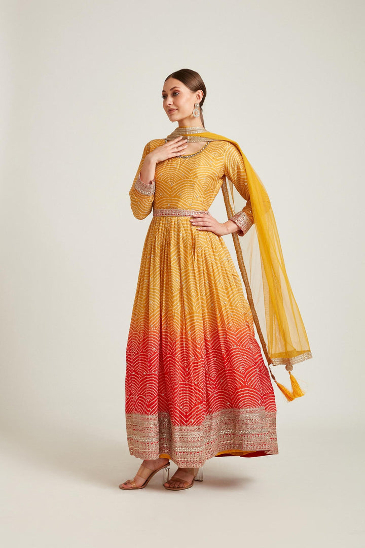 Neerus Yellow georgette maxi gown - back view