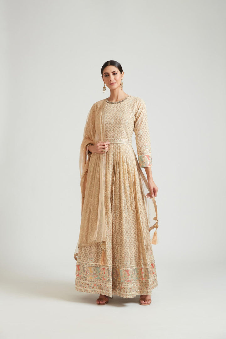 Neerus Beige georgette maxi gown - front view