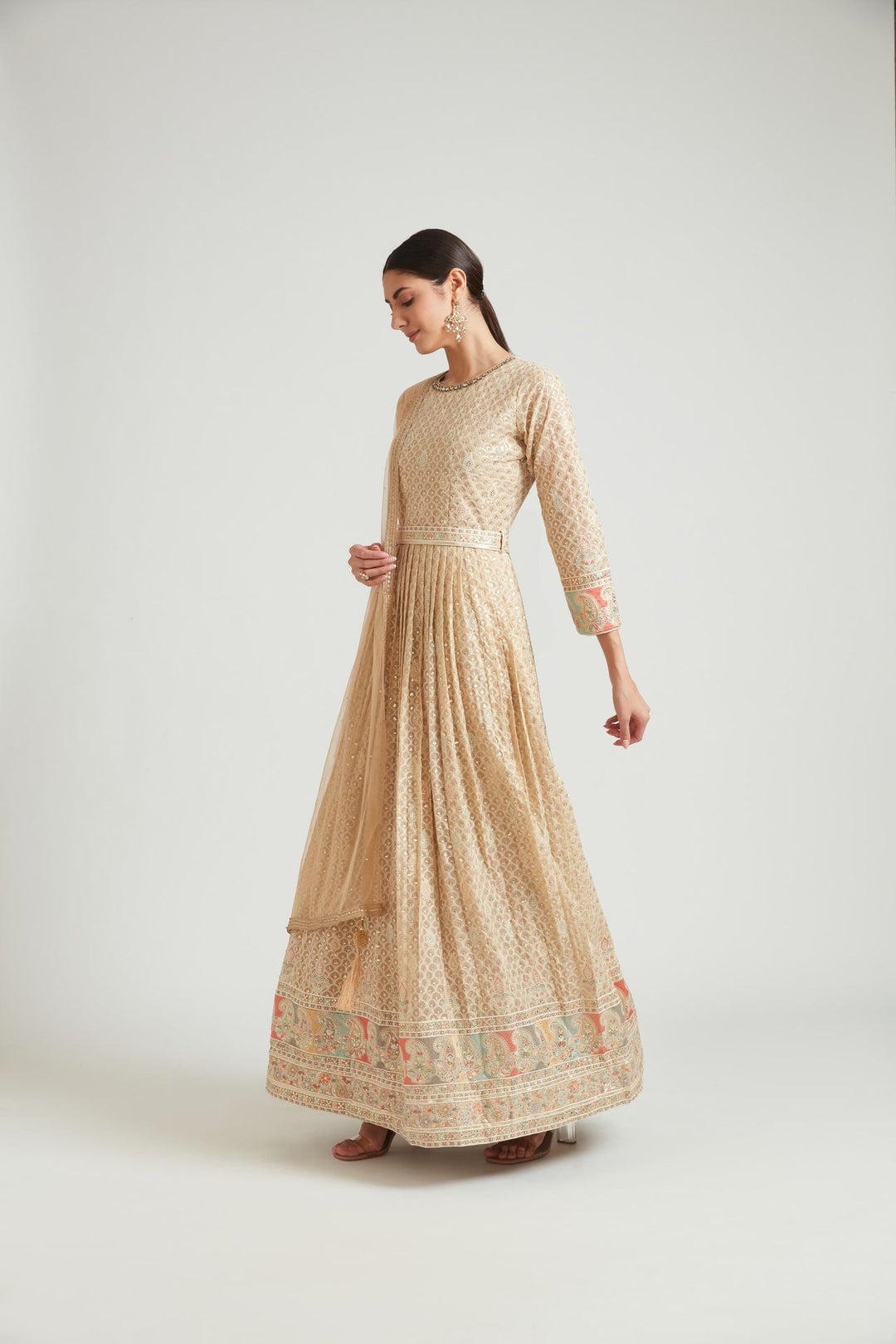Neerus Beige georgette maxi gown - back view