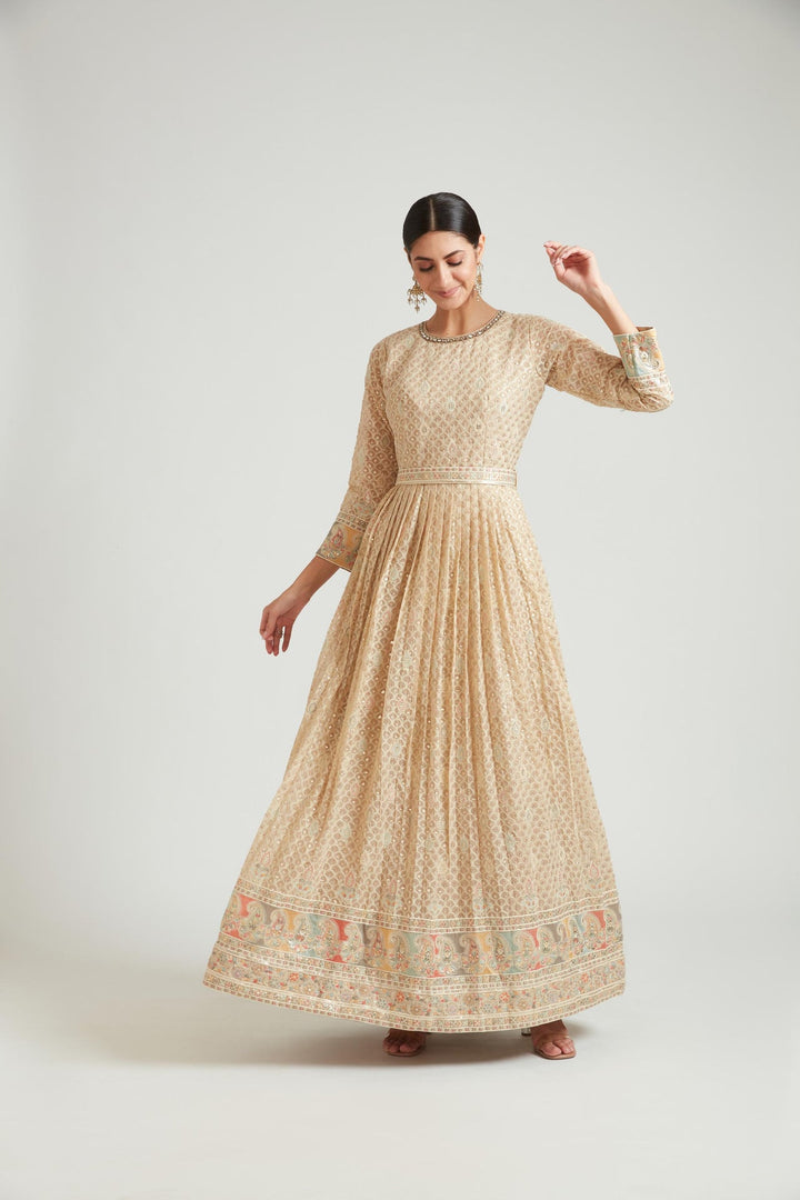 Neerus Beige georgette maxi gown - side view