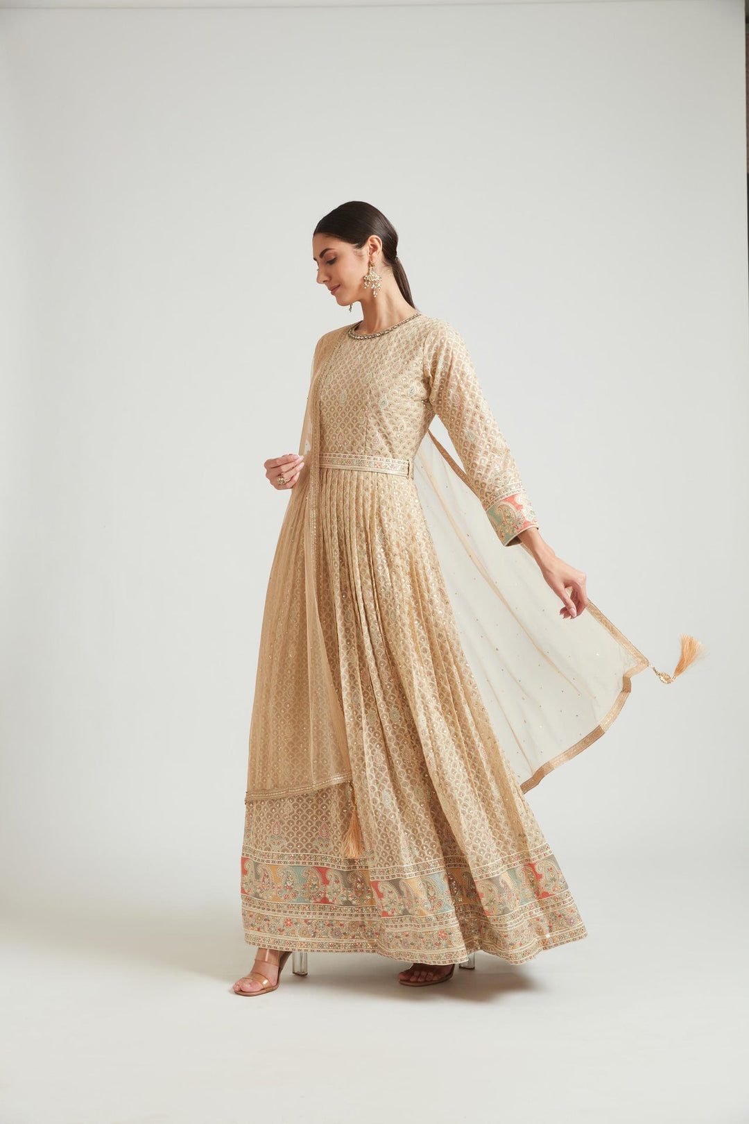 Neerus Beige georgette maxi gown - detail view 3