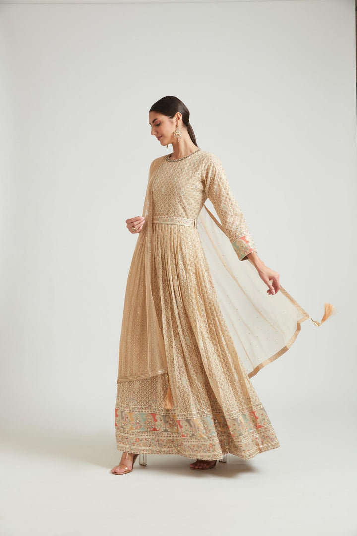 Neerus Beige georgette maxi gown - detail view 3