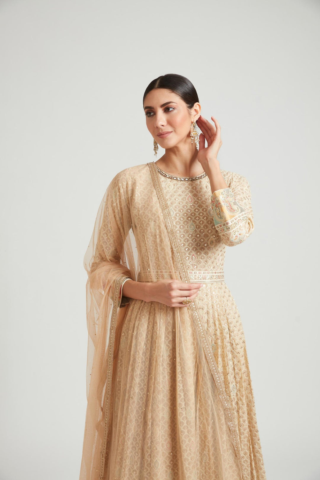 Neerus Beige georgette maxi gown - detail view 5