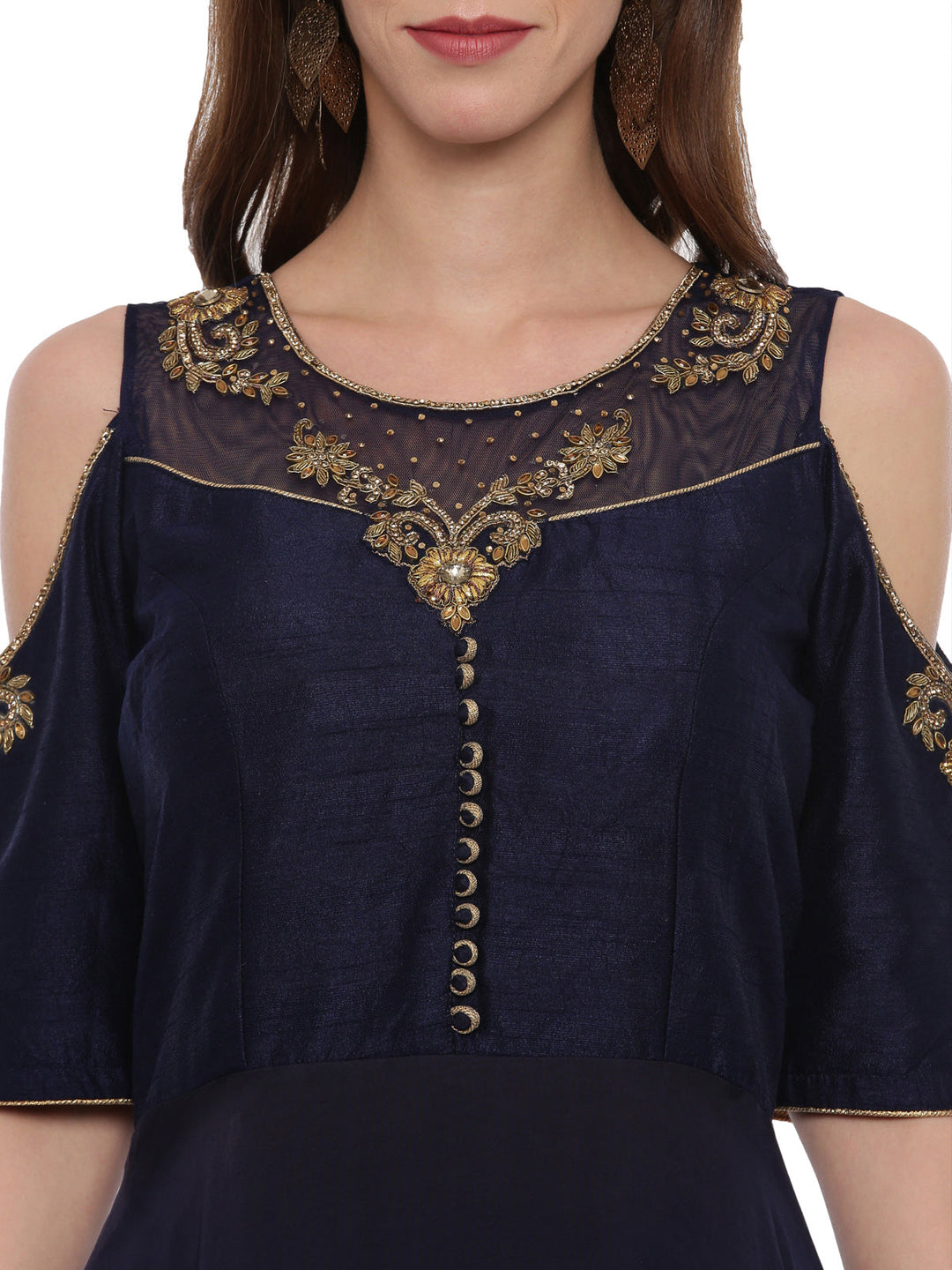 Neerus Blue silk embroidered gown - back view