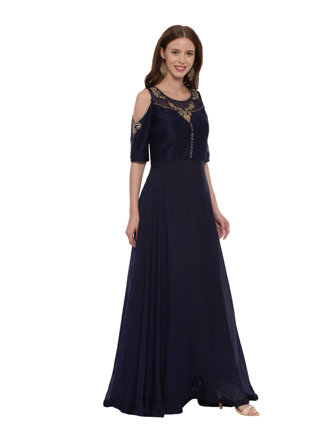 Neerus Blue silk embroidered gown - side view