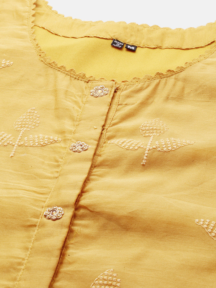 Neerus Yellow Chanderi Embroidered Kurti A-Line - back view