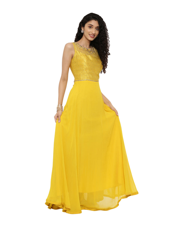 Neerus Yellow georgette embroidered anarkali suit set - front view