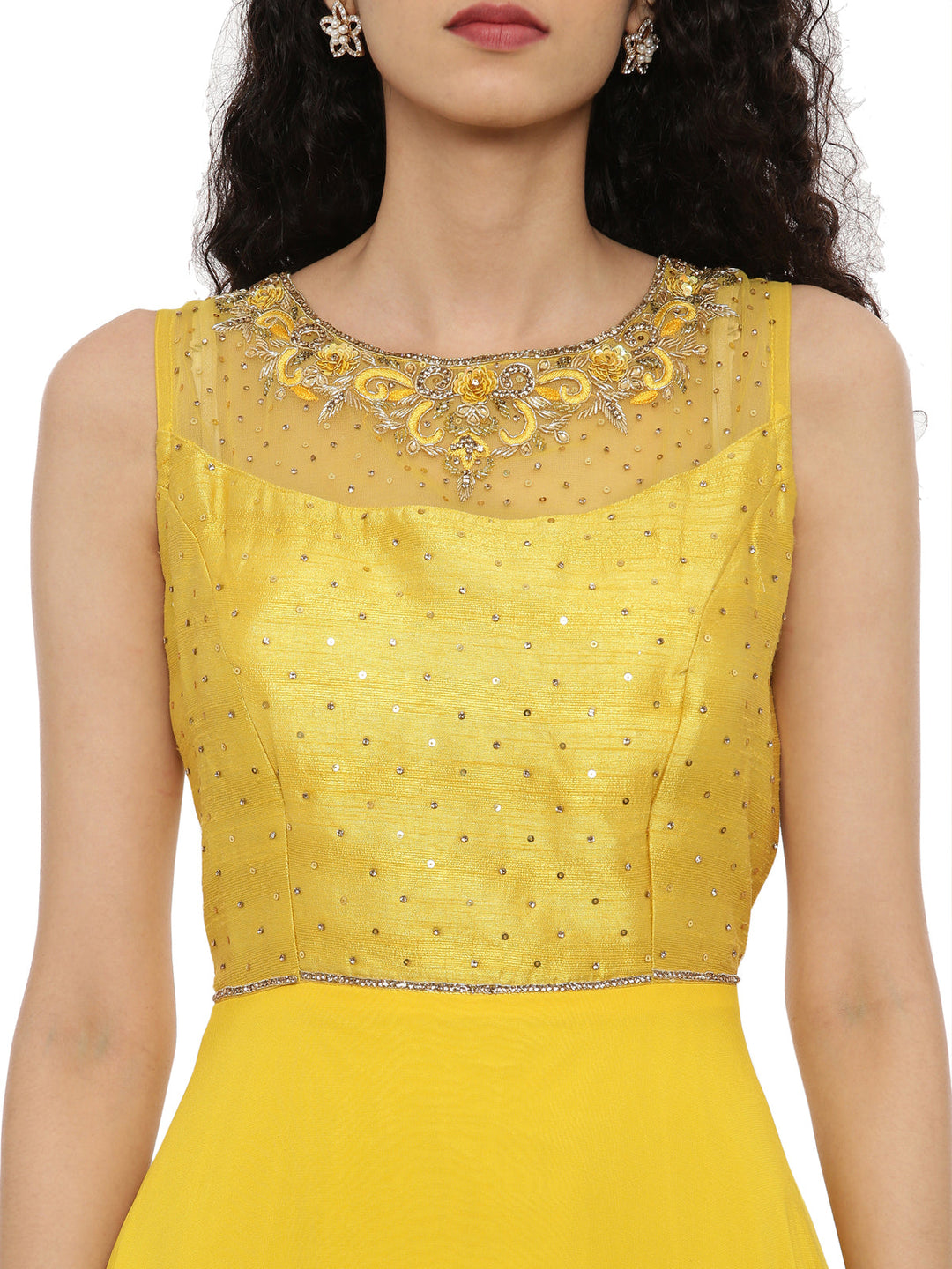 Neerus Yellow georgette embroidered anarkali suit set - back view