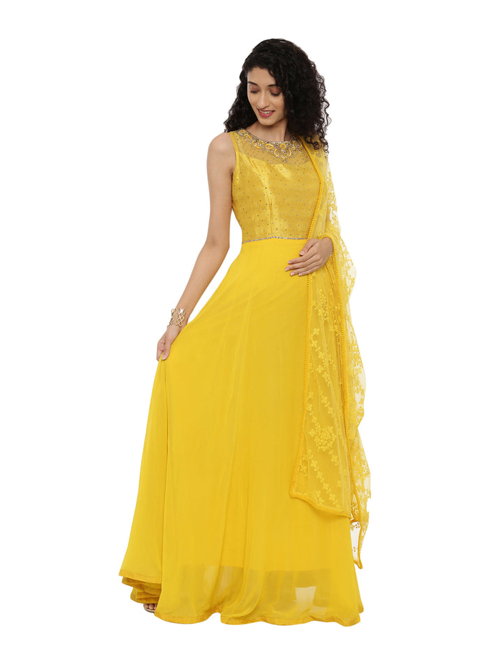 Neerus Yellow georgette embroidered anarkali suit set - side view