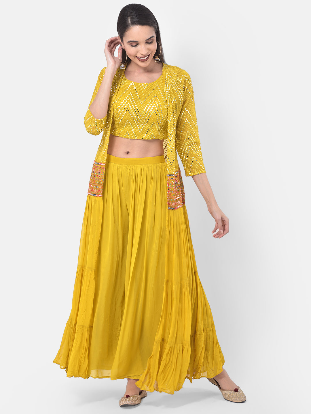 Neerus Yellow embellished co-ord set top skirt shrug - front view