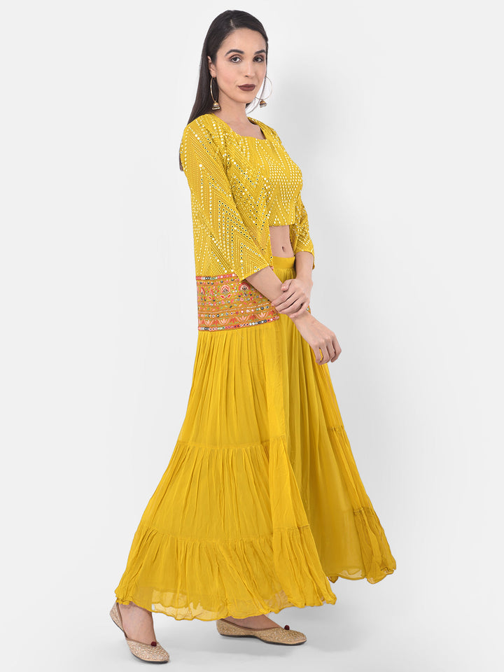 Neerus Yellow embellished co-ord set top skirt shrug - back view