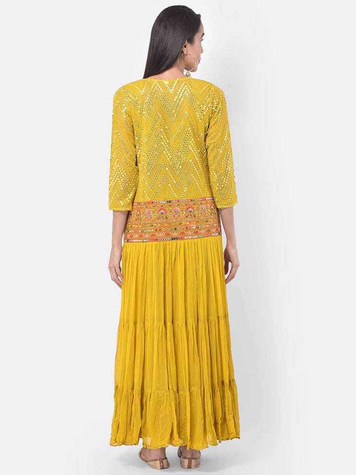 Neerus Yellow embellished co-ord set top skirt shrug - side view