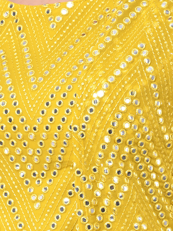 Neerus Yellow embellished co-ord set top skirt shrug - detail view 1