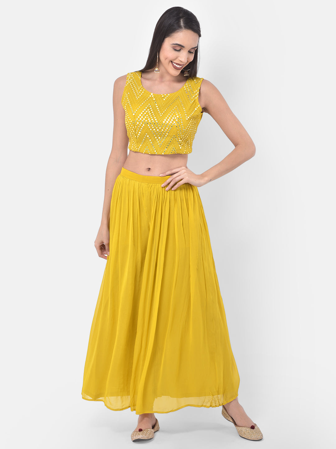 Neerus Yellow embellished co-ord set top skirt shrug - detail view 3