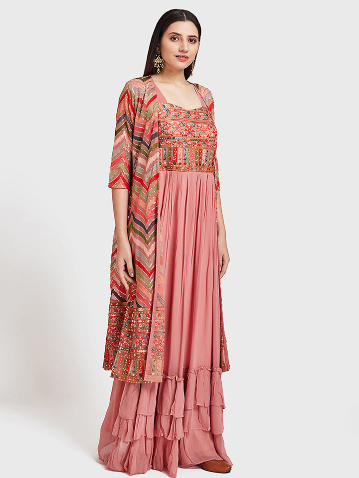 Neerus Pink georgette fusion suit set - front view