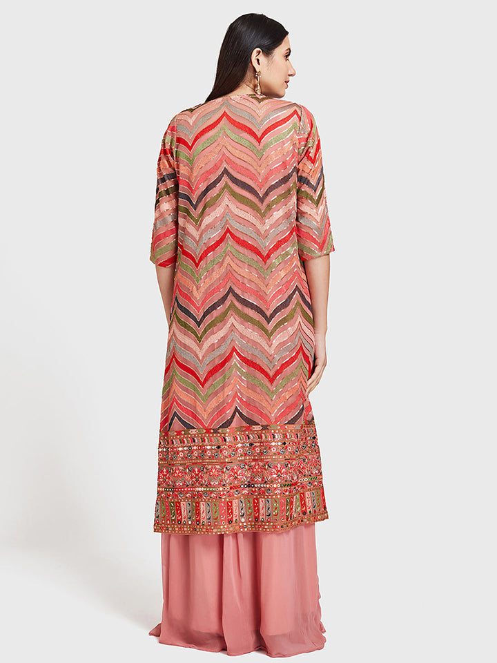 Neerus Pink georgette fusion suit set - back view