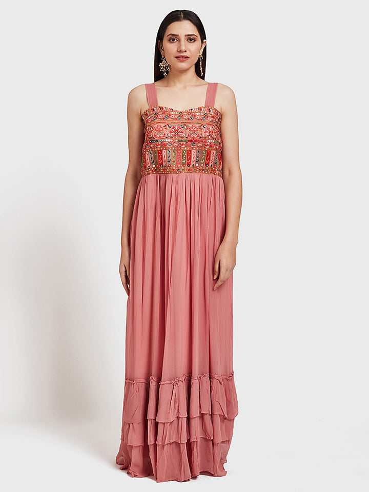 Neerus Pink georgette fusion suit set - detail view 1