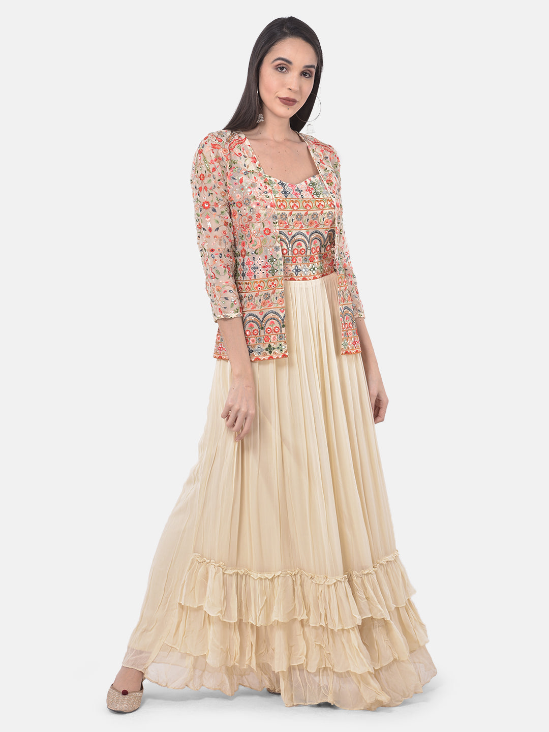 Neerus Beige embroidered flared kurti with shrug - front view