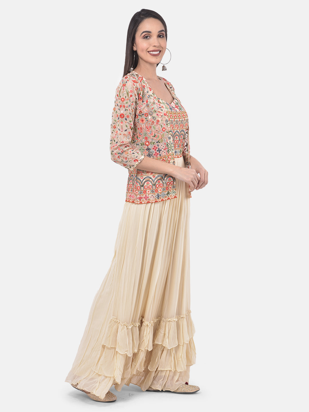 Neerus Beige embroidered flared kurti with shrug - back view