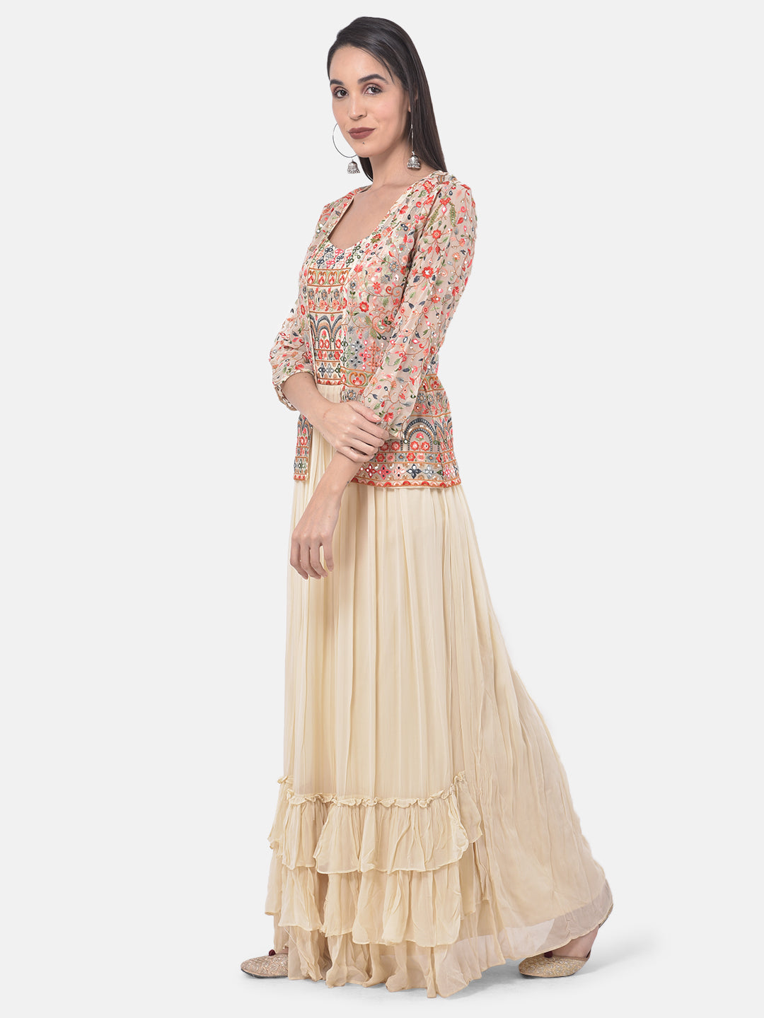 Neerus Beige embroidered flared kurti with shrug - side view