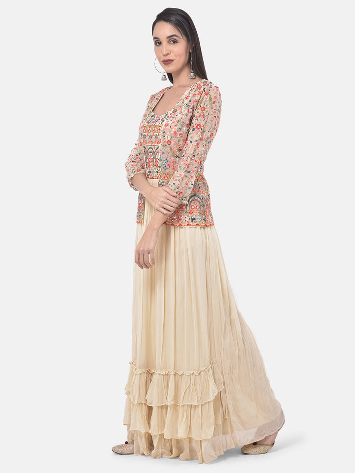 Neerus Beige embroidered flared kurti with shrug - side view