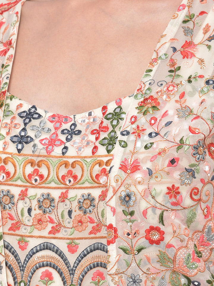 Neerus Beige embroidered flared kurti with shrug - detail view 2