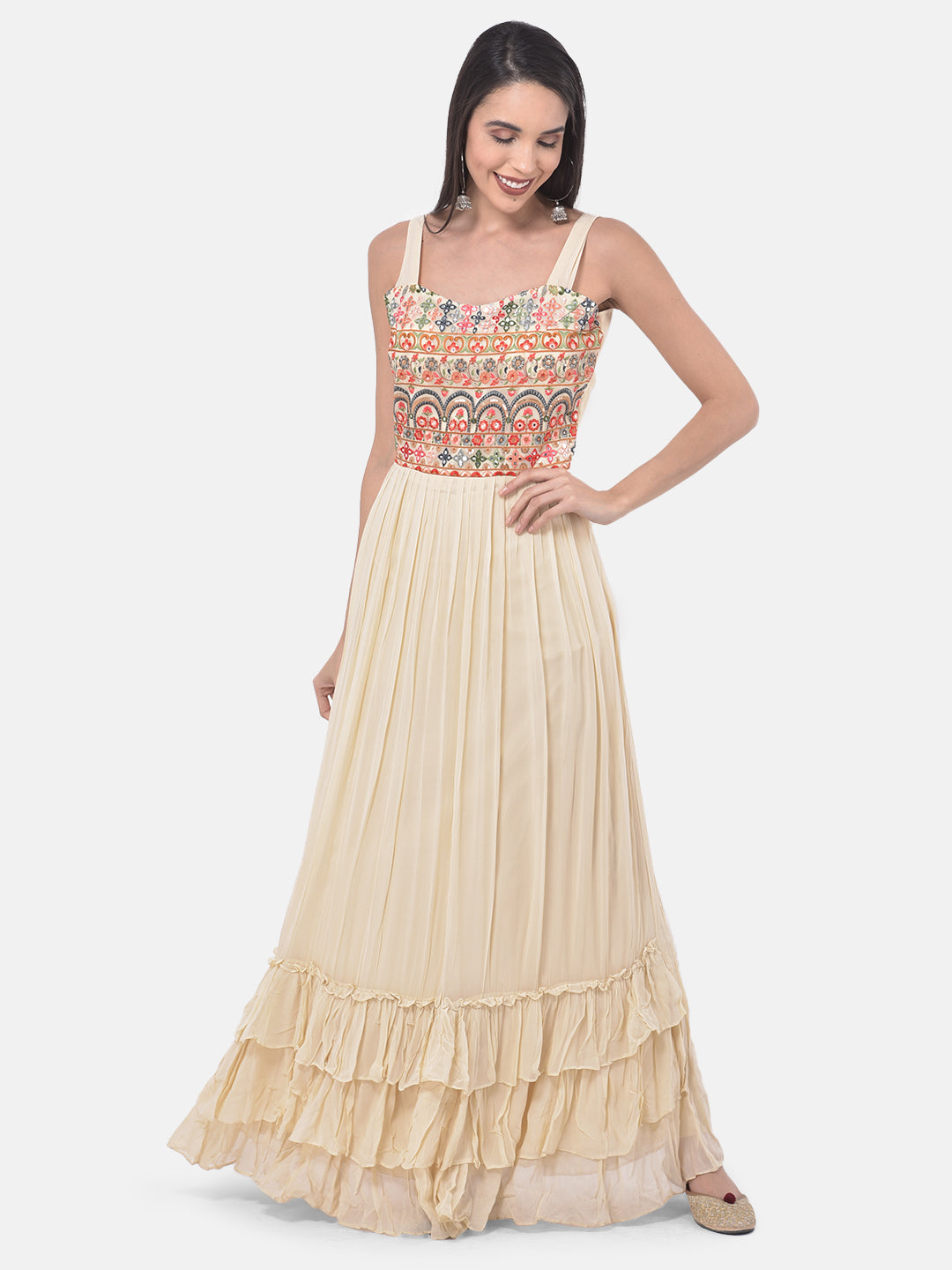 Neerus Beige embroidered flared kurti with shrug - detail view 3