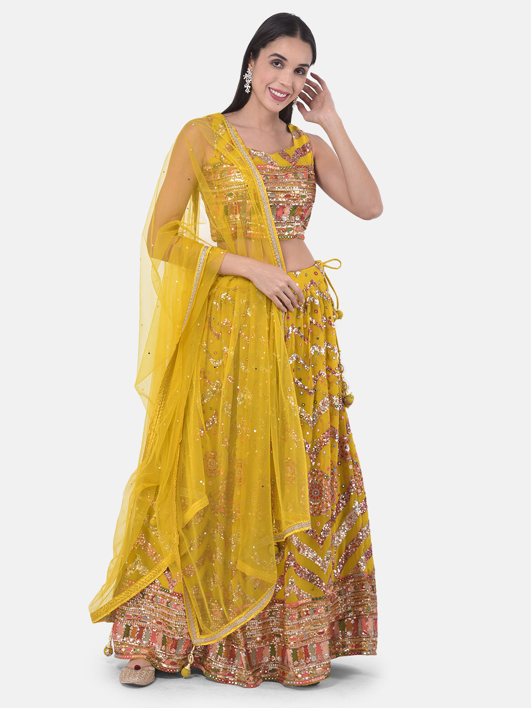 Neerus Yellow embellished flared lehenga set - detail view 5
