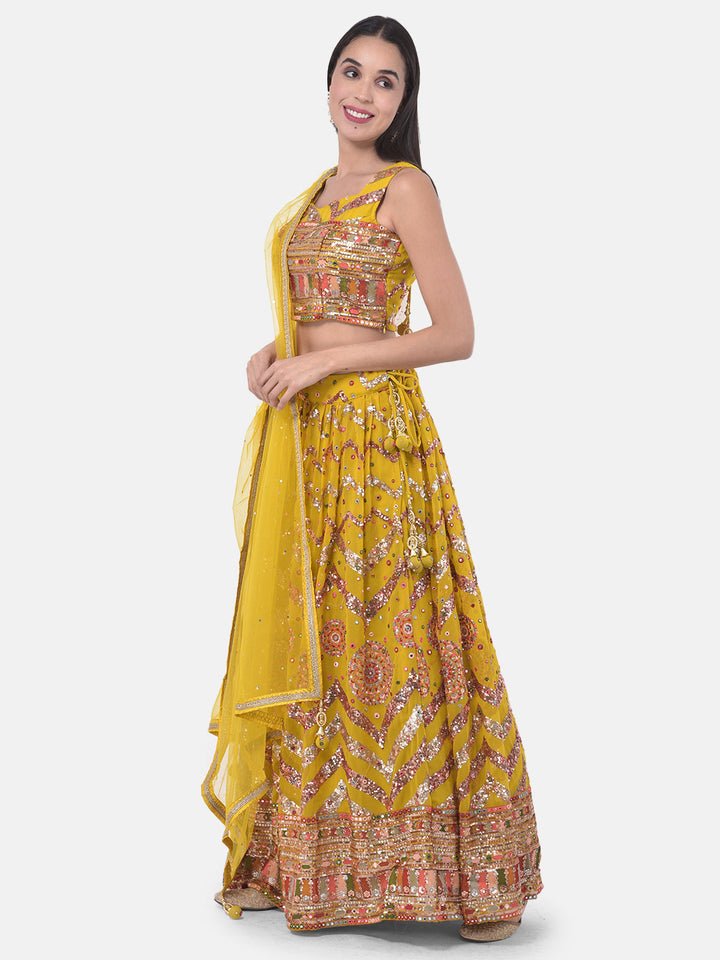 Neerus Yellow embellished flared lehenga set - back view