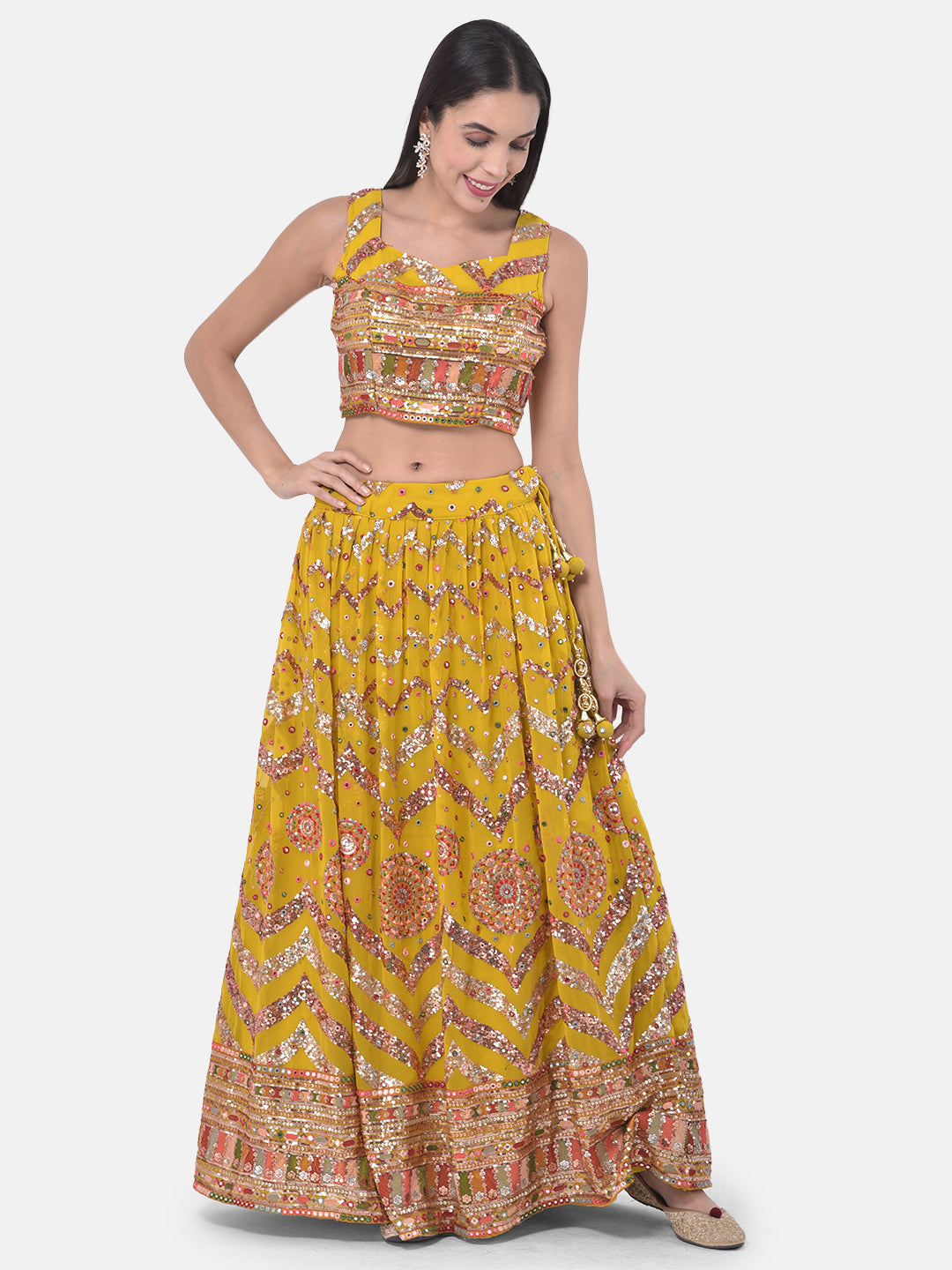 Neerus Yellow embellished flared lehenga set - detail view 4