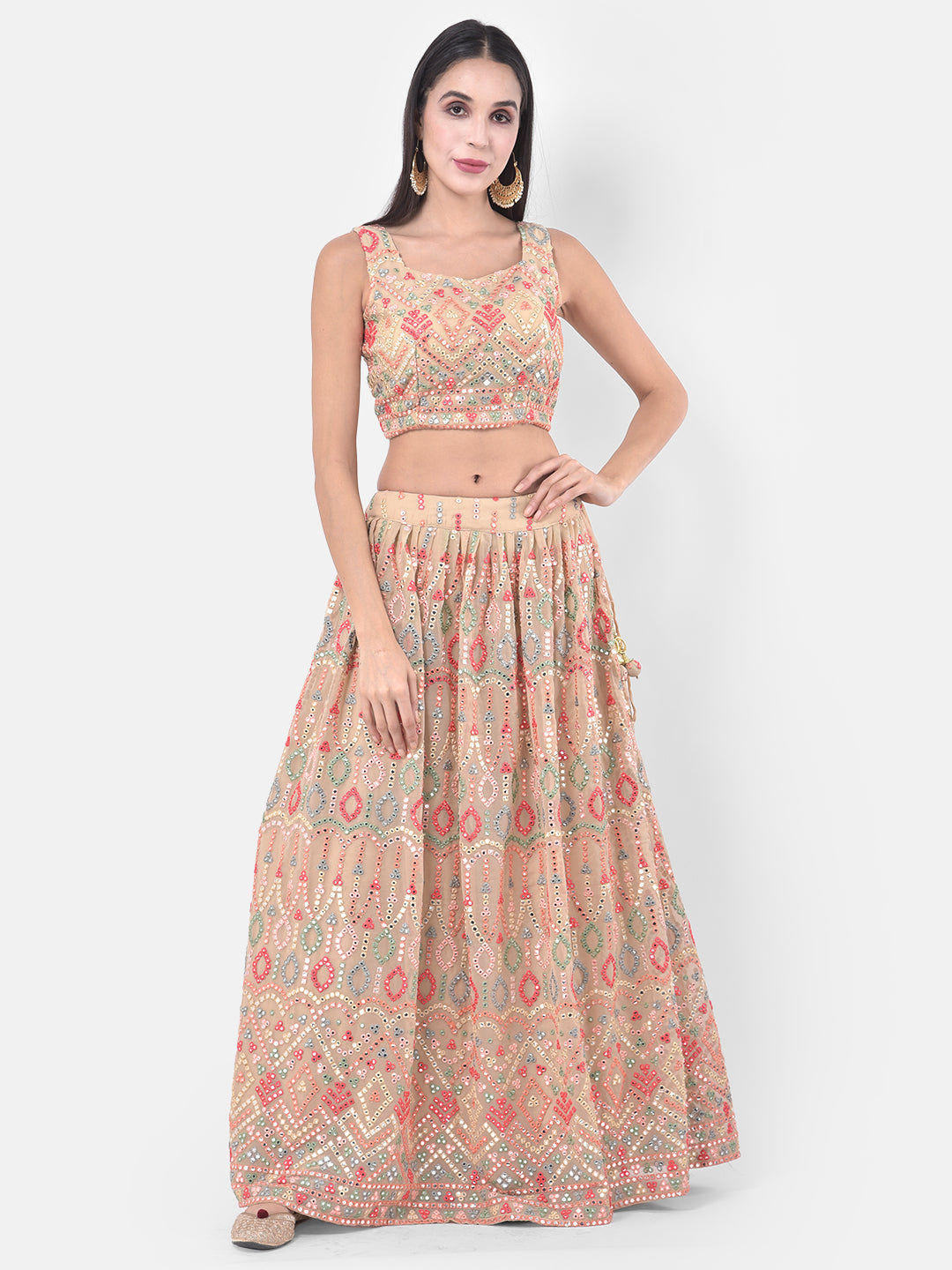 Neerus Orange embellished flared lehenga set - detail view 4