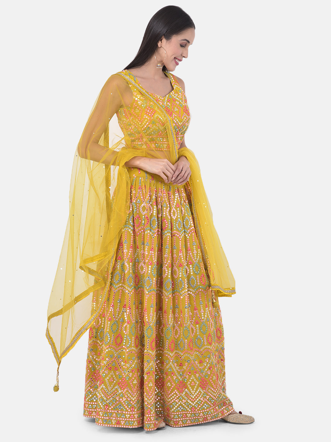 Neerus Yellow embellished flared lehenga set - back view