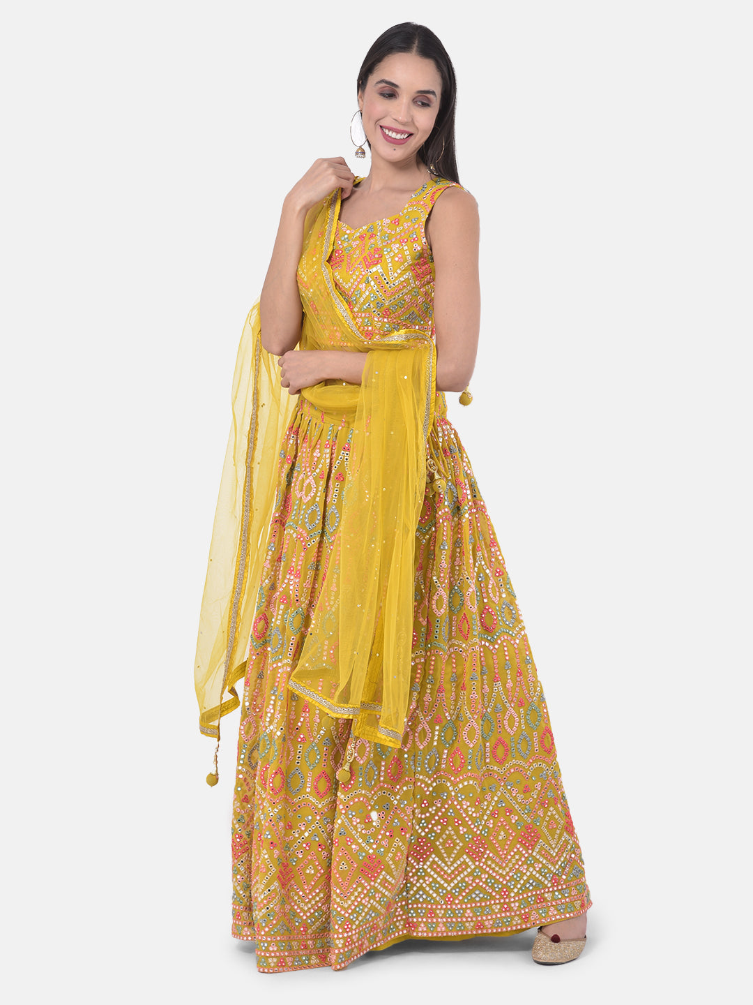 Neerus Yellow embellished flared lehenga set - side view