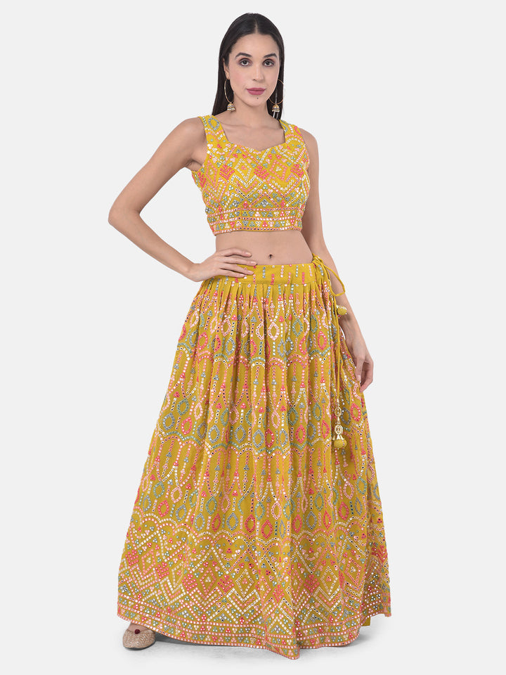 Neerus Yellow embellished flared lehenga set - front view