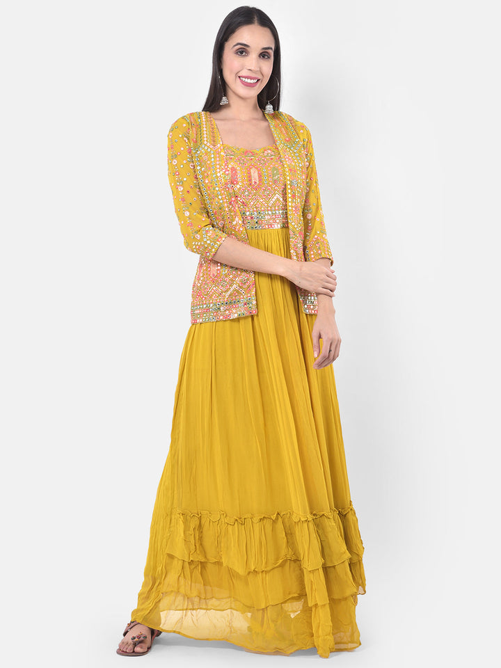 Neerus Yellow embellished flared kurti with shrug - detail view 3