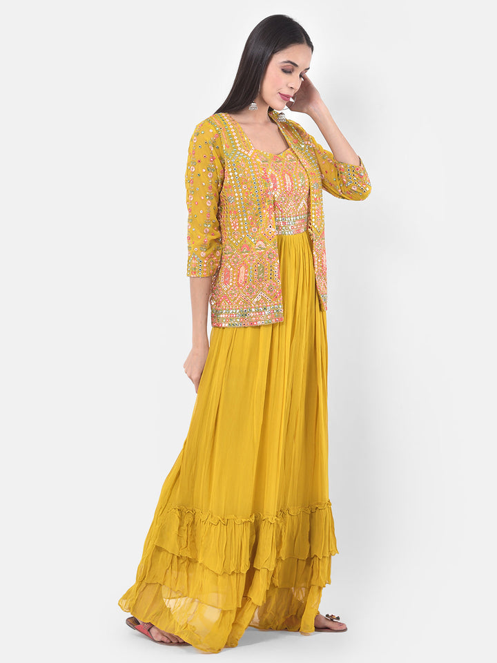 Neerus Yellow embellished flared kurti with shrug - front view