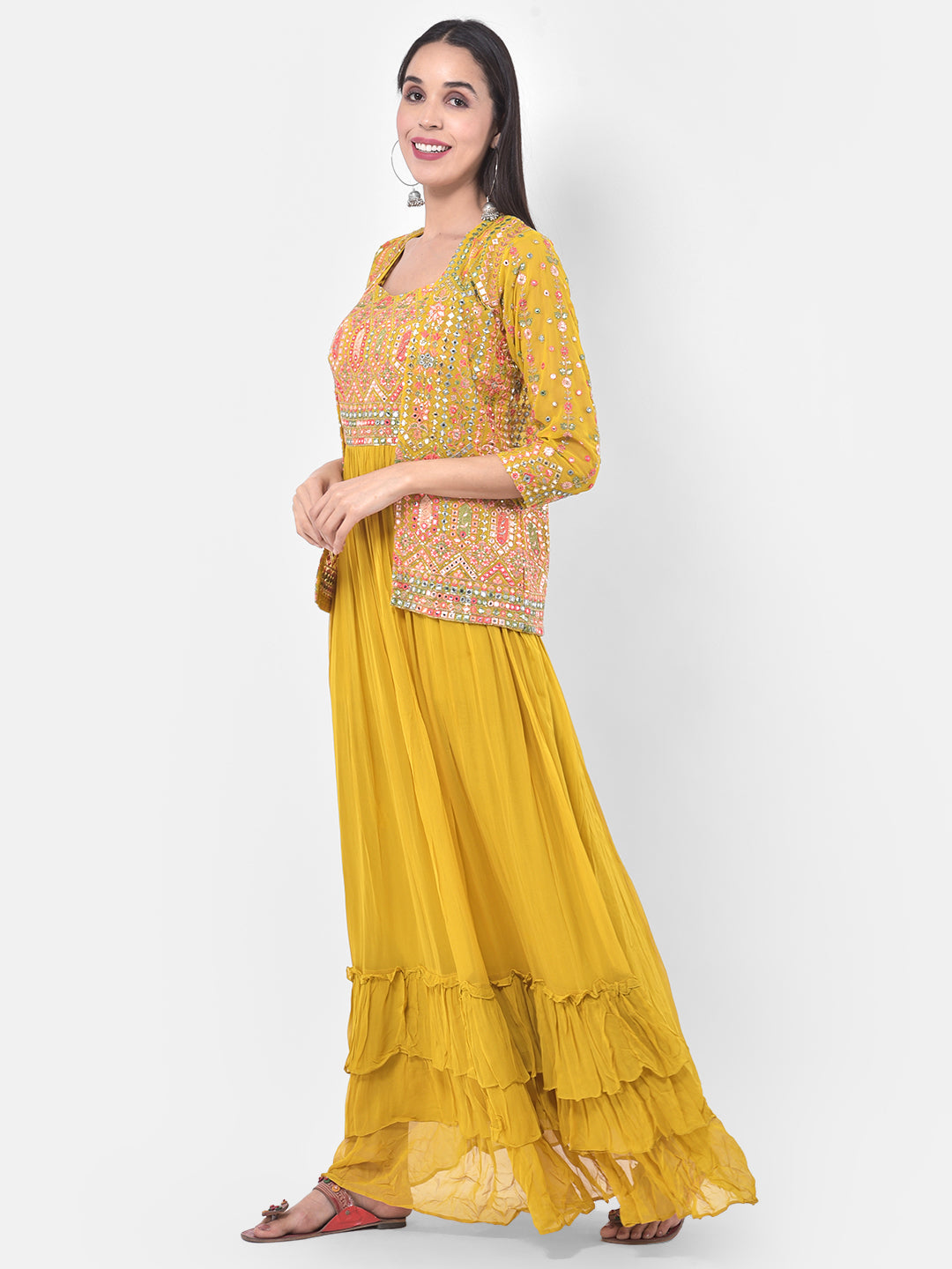 Neerus Yellow embellished flared kurti with shrug - back view