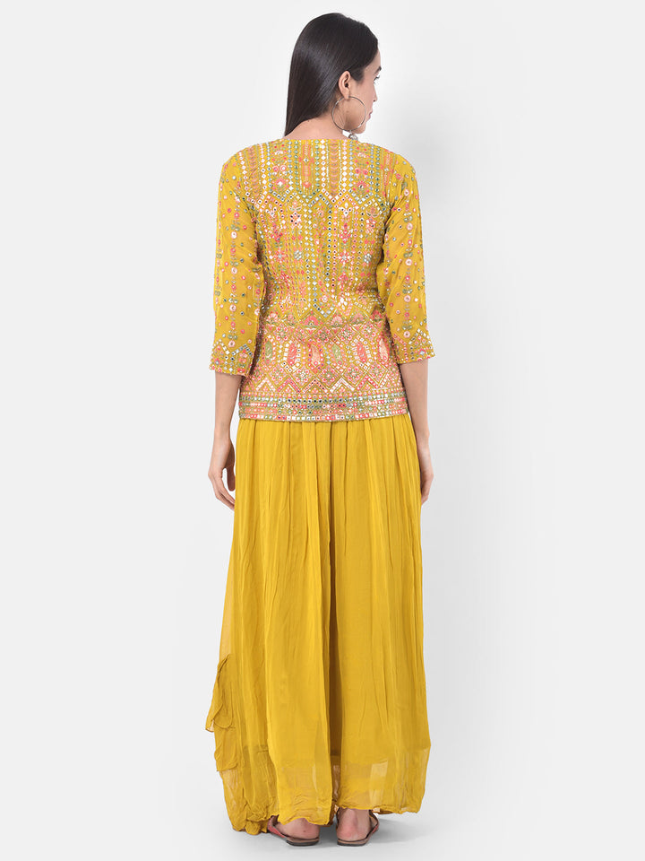 Neerus Yellow embellished flared kurti with shrug - side view